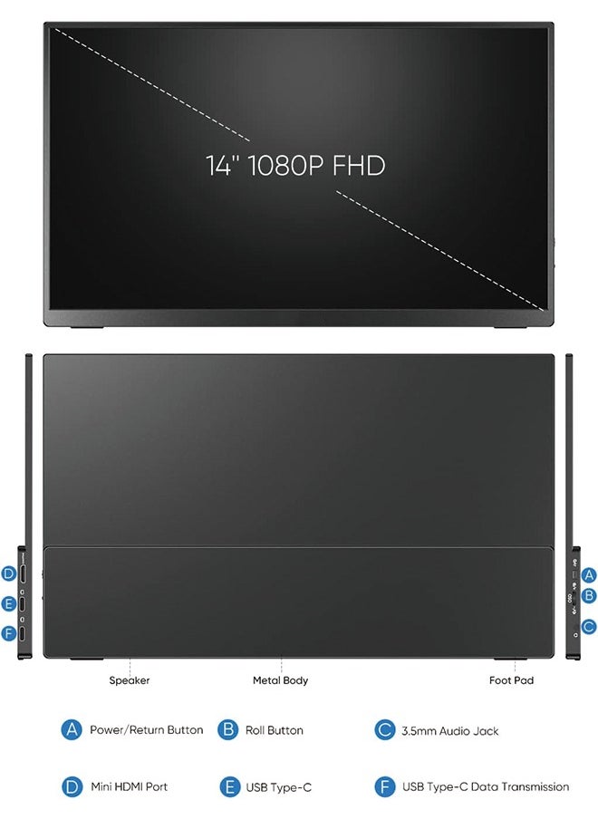 Generic - Portable Monitor, 14.0" Ultra Slim Portable Laptop Monitor FHD 1080P External Display with Dual Speakers Second Screen for Laptop PC Phone Xbox PS4/5 Switch - Image 1
