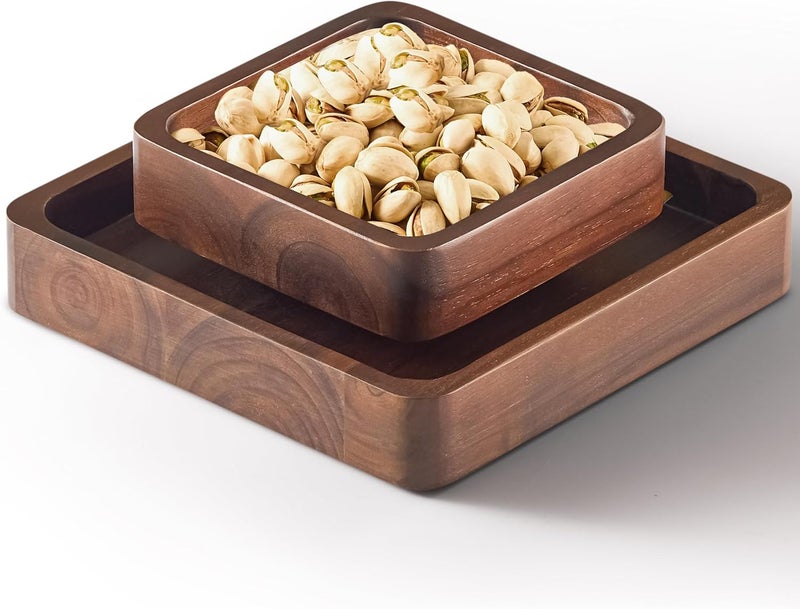 FANATU Wood Pistachio Snack Bowl with Shell Storage Double Dish Holder Nut Bowl Pedestal for Sunflower Seed Peanut Cherries Edamame Walnut - Image 1
