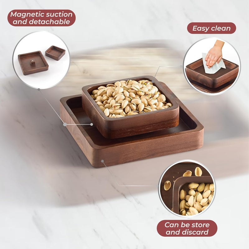 FANATU Wood Pistachio Snack Bowl with Shell Storage Double Dish Holder Nut Bowl Pedestal for Sunflower Seed Peanut Cherries Edamame Walnut - Image 3