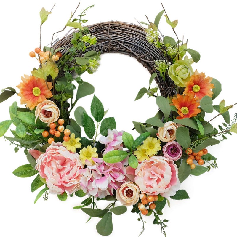 Bibelot 16 Inch Artificial Peonies Hydrangea Wreaths Pink Peony Hydrangea Flowers with Daisy Wreath Spring Summer Wreaths Grapevine Wreath Green Leaves for Front Door Wall Wedding Home Decorâ€¦ - Image 1