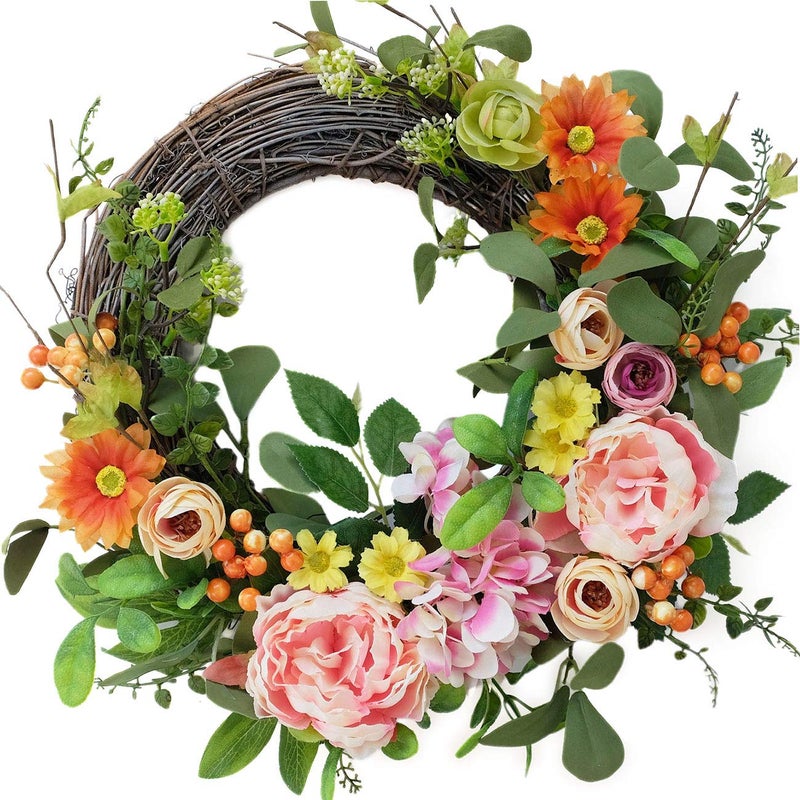 Bibelot 16 Inch Artificial Peonies Hydrangea Wreaths Pink Peony Hydrangea Flowers with Daisy Wreath Spring Summer Wreaths Grapevine Wreath Green Leaves for Front Door Wall Wedding Home Decorâ€¦ - Image 2
