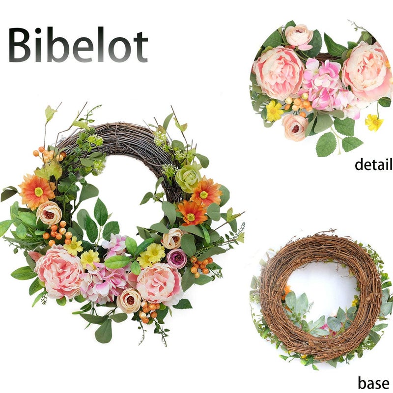 Bibelot 16 Inch Artificial Peonies Hydrangea Wreaths Pink Peony Hydrangea Flowers with Daisy Wreath Spring Summer Wreaths Grapevine Wreath Green Leaves for Front Door Wall Wedding Home Decorâ€¦ - Image 4