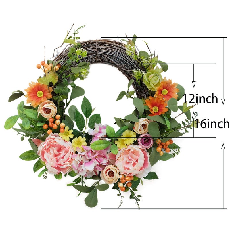 Bibelot 16 Inch Artificial Peonies Hydrangea Wreaths Pink Peony Hydrangea Flowers with Daisy Wreath Spring Summer Wreaths Grapevine Wreath Green Leaves for Front Door Wall Wedding Home Decorâ€¦ - Image 3