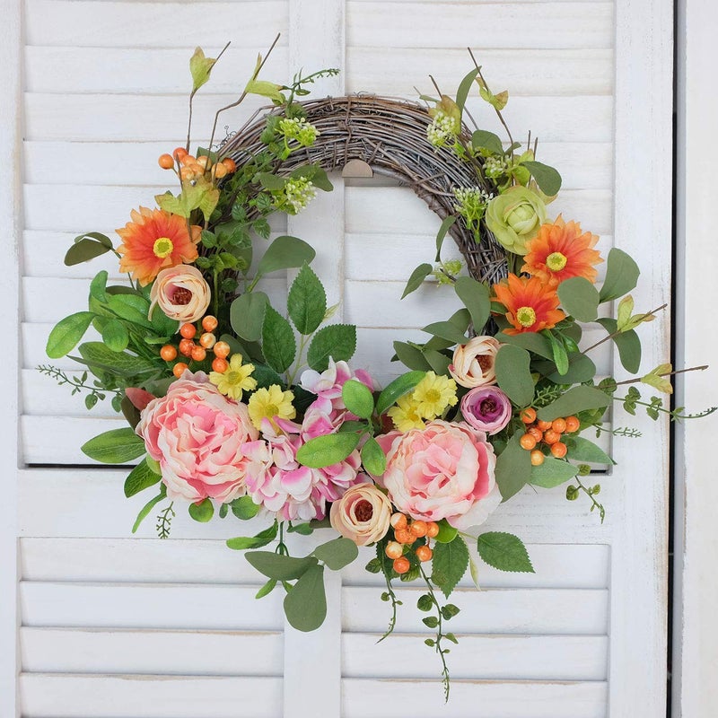 Bibelot 16 Inch Artificial Peonies Hydrangea Wreaths Pink Peony Hydrangea Flowers with Daisy Wreath Spring Summer Wreaths Grapevine Wreath Green Leaves for Front Door Wall Wedding Home Decorâ€¦ - Image 5