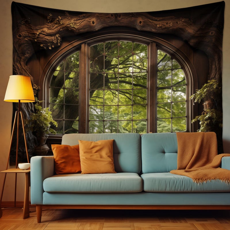 QGHOT Forest Window Tapestry, Nature Outdoor Tapestry Wall Hanging Woodland Scene Large Wall Mural for Bedroom Living Room Office Decor 78.7" L x 104" W - Image 2