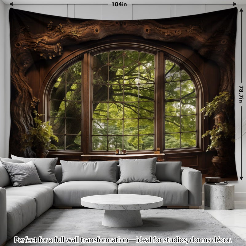 QGHOT Forest Window Tapestry, Nature Outdoor Tapestry Wall Hanging Woodland Scene Large Wall Mural for Bedroom Living Room Office Decor 78.7" L x 104" W - Image 5