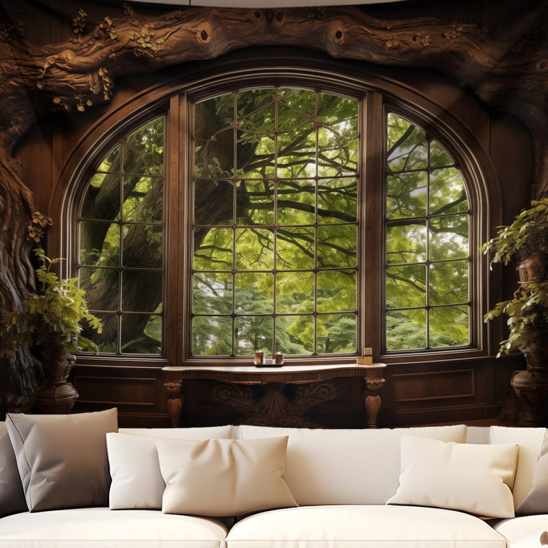 QGHOT Forest Window Tapestry, Nature Outdoor Tapestry Wall Hanging Woodland Scene Large Wall Mural for Bedroom Living Room Office Decor 78.7" L x 104" W - Image 1