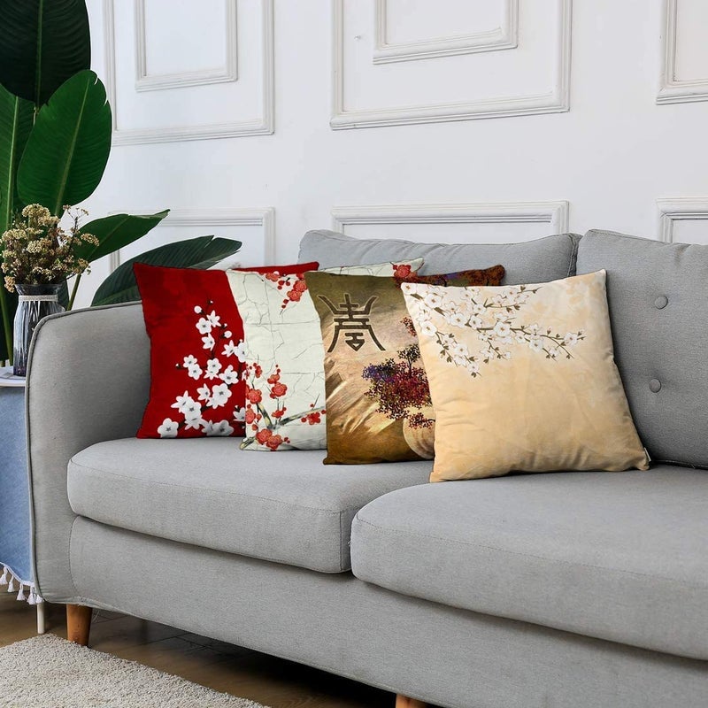 ArtSocket Set of 4 Throw Pillow Covers Japanese Zen Tree Eastern Nature Home Flowers Cherry Blossom Beige Cream Decorative Pillow Cases Home Decor Square 22x22 Inches Pillowcases - Image 2
