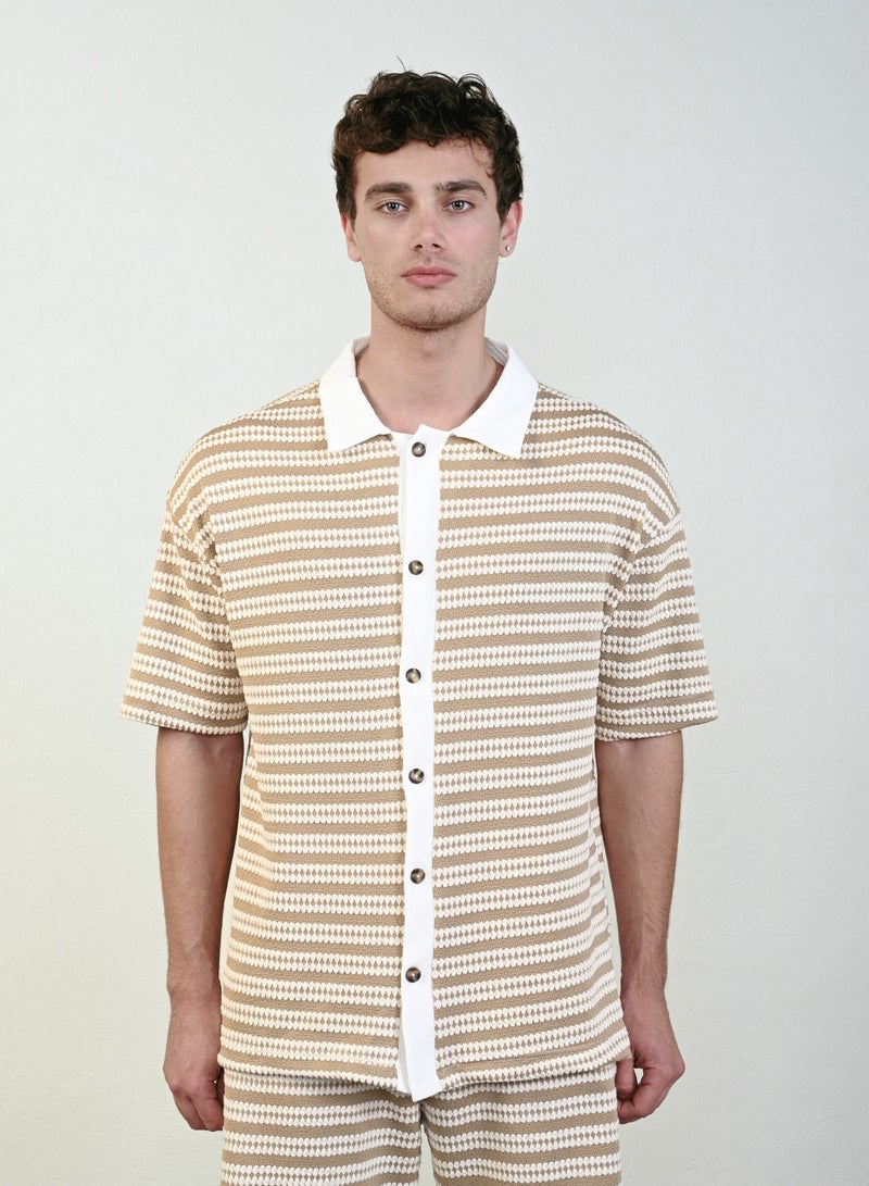 Marrakech Short Sleeves Casual Striped Shirt for Men – Light Brown and White - Image 1