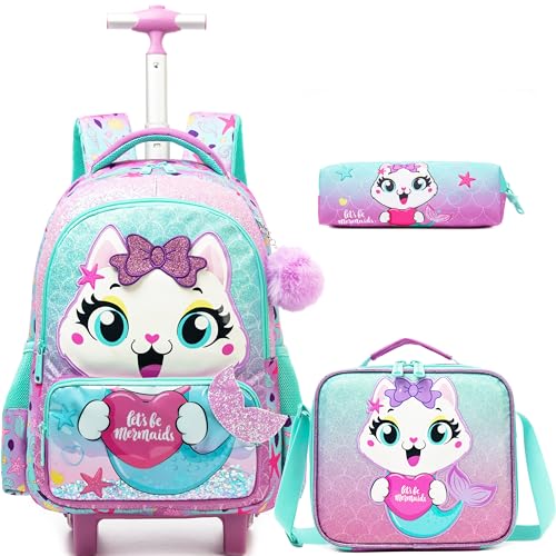 Meetbelify Cute Cat Rolling Backpack with Wheels for Elementary Preschool Students Kids Travel Luggage Carry on Backpack for Girls Ages 6-8 - Image 1
