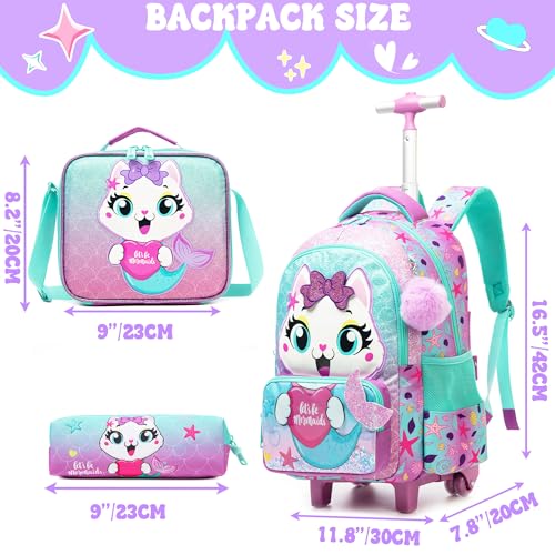 Meetbelify Cute Cat Rolling Backpack with Wheels for Elementary Preschool Students Kids Travel Luggage Carry on Backpack for Girls Ages 6-8 - Image 2