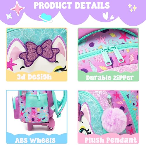 Meetbelify Cute Cat Rolling Backpack with Wheels for Elementary Preschool Students Kids Travel Luggage Carry on Backpack for Girls Ages 6-8 - Image 5