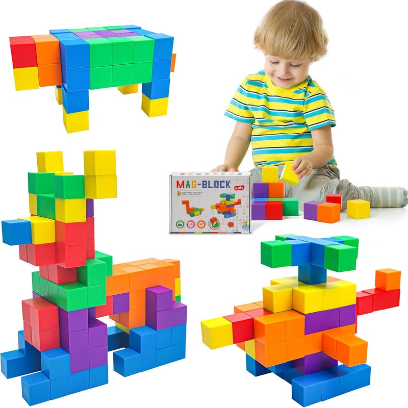 ROUSKY 48 Pcs Math Teaching Aids, Hexahedral Magnetic Cubes Magnetic Blocks Space Thinking Magnetic Building Blocks for Kids - Image 1