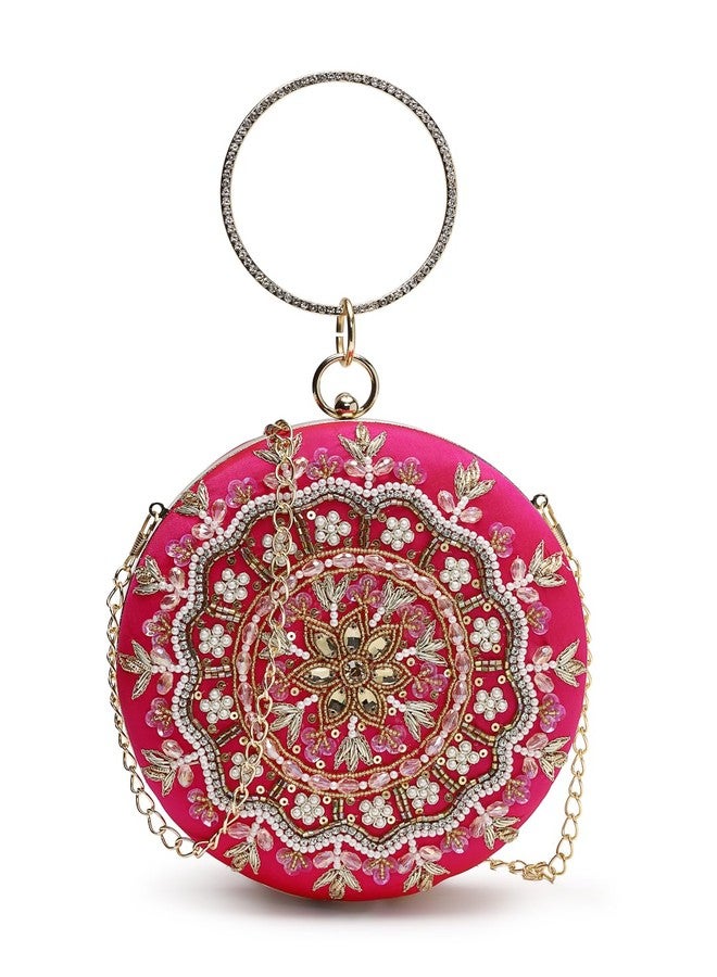 Anekaant Adorn Fuchsia Faux Silk Floral Mandala Embellished Party Clutch for Women | Ethnic Wedding & Festive Purse - Image 1