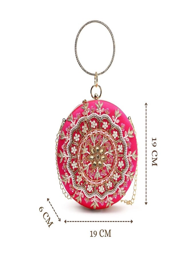 Anekaant Adorn Fuchsia Faux Silk Floral Mandala Embellished Party Clutch for Women | Ethnic Wedding & Festive Purse - Image 5