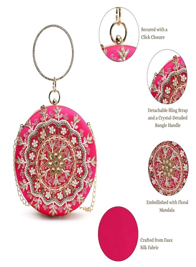 Anekaant Adorn Fuchsia Faux Silk Floral Mandala Embellished Party Clutch for Women | Ethnic Wedding & Festive Purse - Image 3
