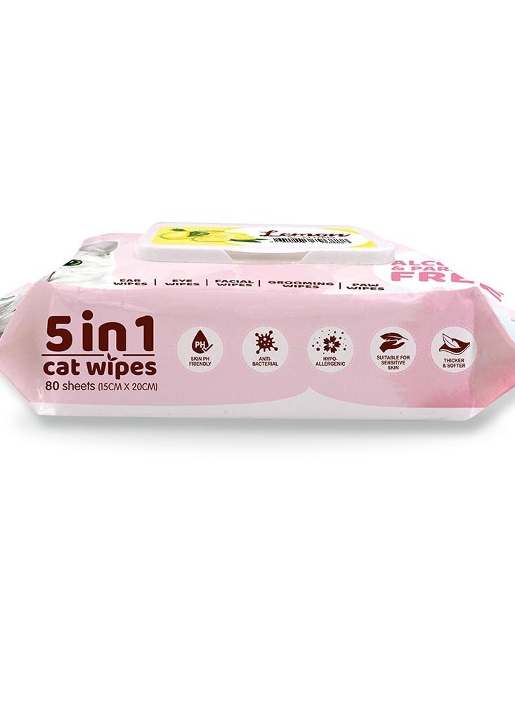 كيت كات مناديل مبلله للقطط برائحة الليمون - مناديل مبللة للقطط 5 في 1 لتنظيف الأذن، العين، الوجه، الفرو والكفوف - 80 منديل - Image 3