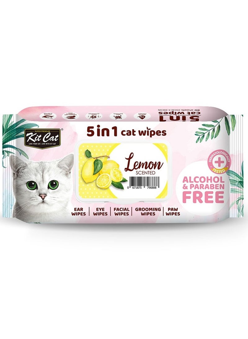 كيت كات مناديل مبلله للقطط برائحة الليمون - مناديل مبللة للقطط 5 في 1 لتنظيف الأذن، العين، الوجه، الفرو والكفوف - 80 منديل - Image 1