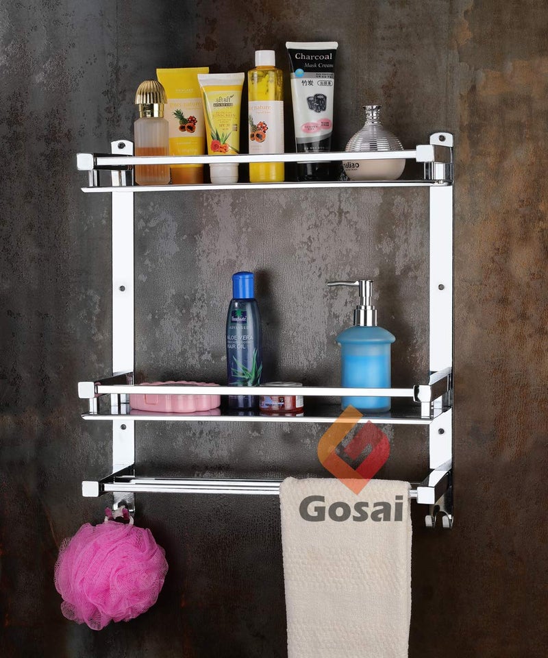 GOSAI Stainless Steel Two Layer Bathroom Shelf with Towel Bar Wall Mounted Shower storage16 by 5 inches, Silver Finish - Image 3