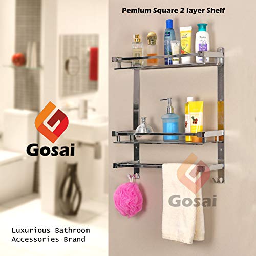 GOSAI Stainless Steel Two Layer Bathroom Shelf with Towel Bar Wall Mounted Shower storage16 by 5 inches, Silver Finish - Image 4