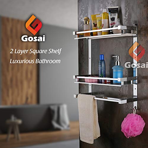 GOSAI Stainless Steel Two Layer Bathroom Shelf with Towel Bar Wall Mounted Shower storage16 by 5 inches, Silver Finish - Image 2