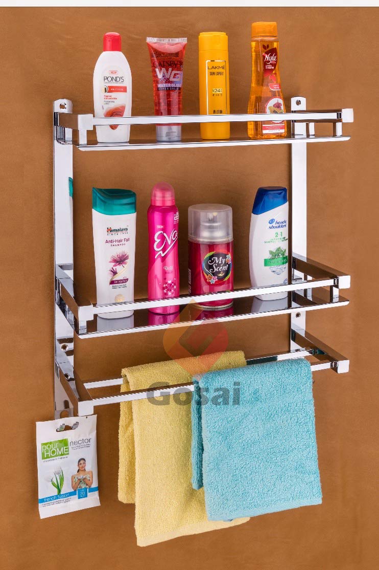 GOSAI Stainless Steel Two Layer Bathroom Shelf with Towel Bar Wall Mounted Shower storage16 by 5 inches, Silver Finish - Image 5