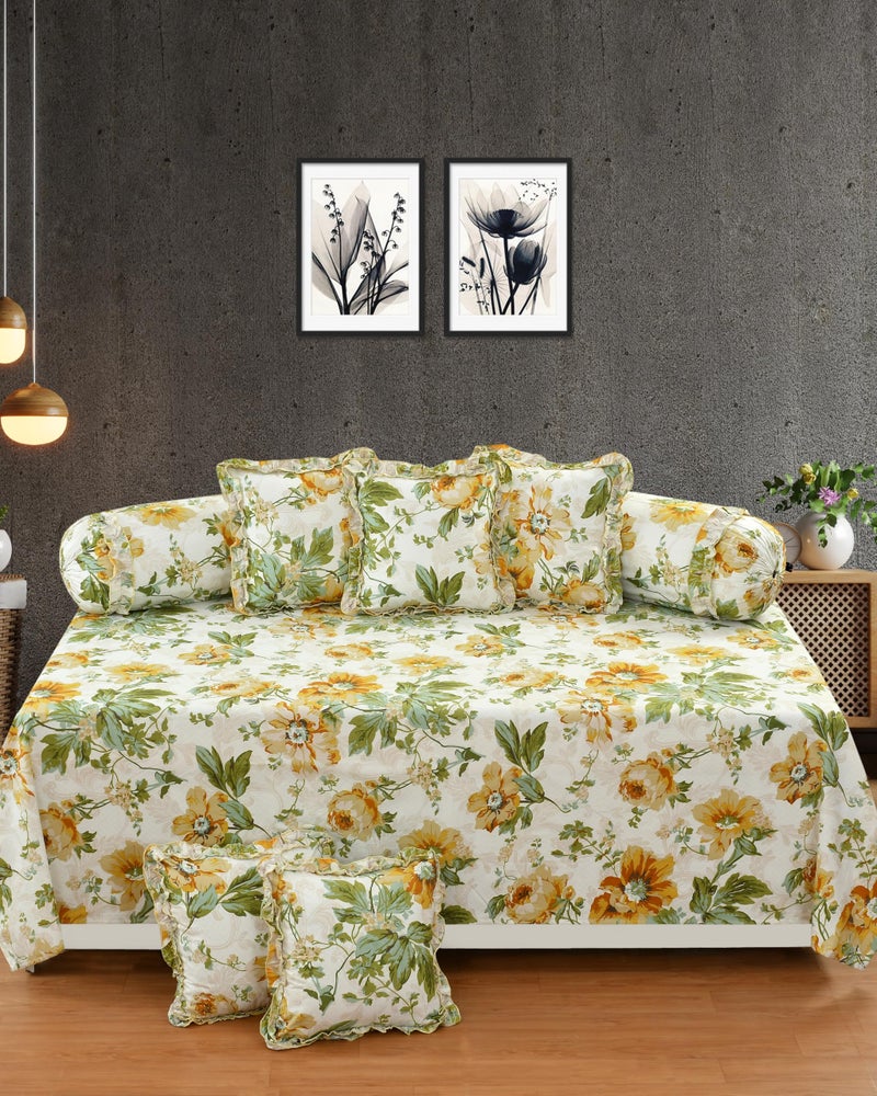 S&S Sands® 180 TC Pure Cotton Floral Designer Frill Diwan Set of 8 Pieces for Living Room Dining Hall (1Single Bedsheet, 5 Frill Cushion Covers, 2 Frill Bolster - Set of 8) - Image 1
