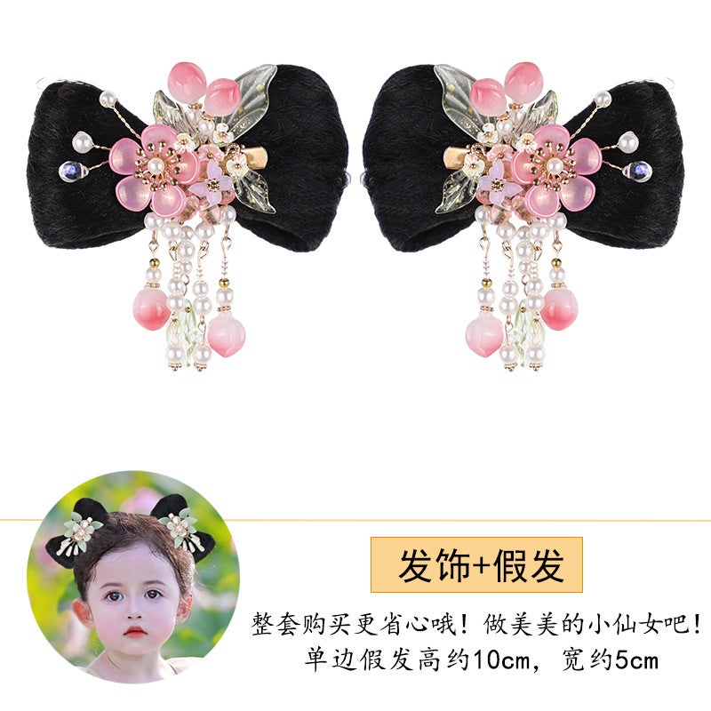 Generic Childrens Hanfu wig bag daily ancient costume bow bun ancient style wig girls hair accessories Headdress Ball head i04 hairpin pair + VP058 wig