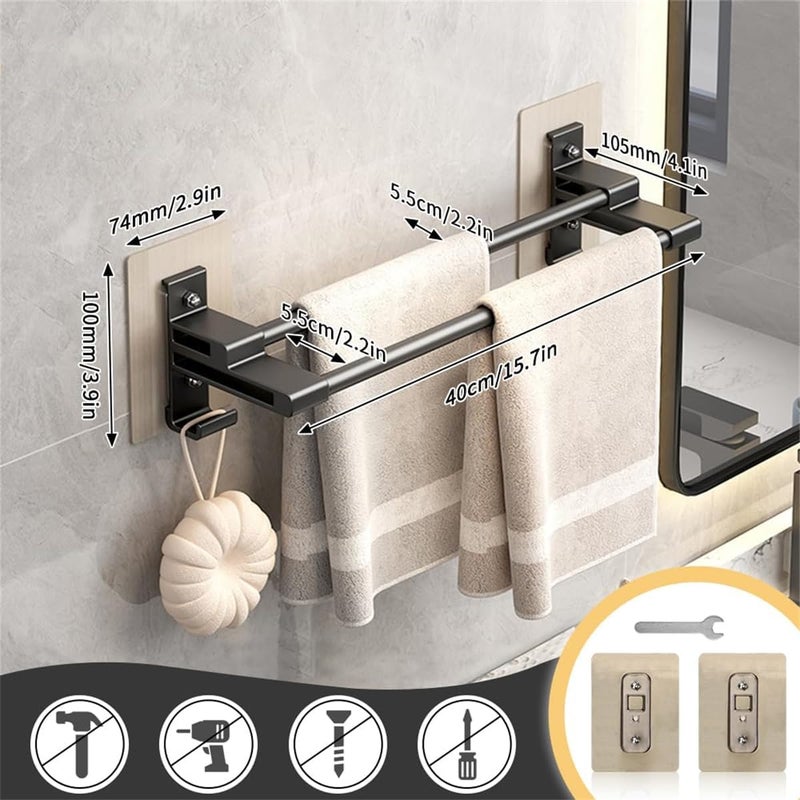 Excefore Towel Rail, Self-Adhesive Towel Holder with Anti Rust Aluminium, 2 Tier Double Rod Towel Shelf Bar with 2 Hooks, No Drilling Towel Storage Wall Mounted 40CM for Bathroom Kitchen Shower - Image 3