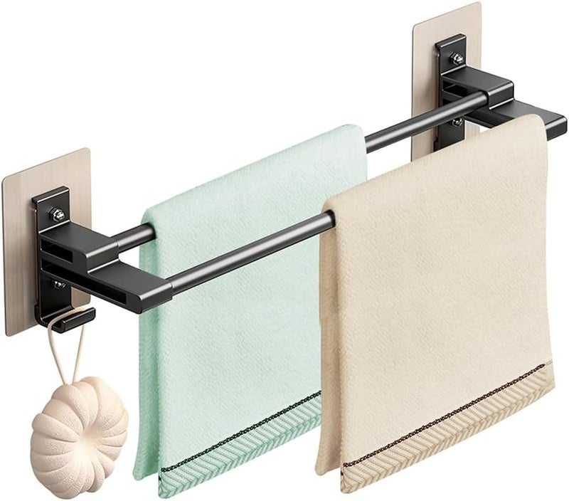 Excefore Towel Rail, Self-Adhesive Towel Holder with Anti Rust Aluminium, 2 Tier Double Rod Towel Shelf Bar with 2 Hooks, No Drilling Towel Storage Wall Mounted 40CM for Bathroom Kitchen Shower - Image 1