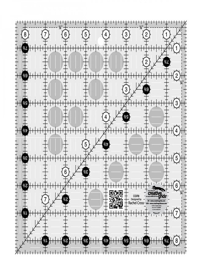 مسطرة لحاف Creative Grids مقاس 8-1/2 بوصة × 8-1/2 بوصة مربعة - CGR8 - صُنعت في الولايات المتحدة الأمريكية، مصنوعة من مادة الأكريليك غير القابلة للانزلاق، تُستخدم في الخياطة والحرف اليدوية، ومسطرة الترقيع لقياس وقطع القماش