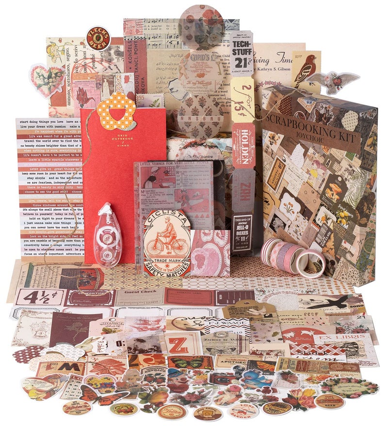 JOYCHOIC Vintage Scrapbook Supplies Aesthetic Journaling Kit Scrapbook Papers Quote Stickers TN Notebook Large Collection for Bullet Junk Journal Planner DIY Arts Craft Collage