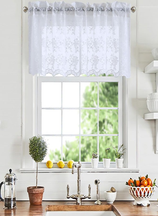 YJ YANJUN White Cafe Curtains 18 inch Length Floral Embroidery Lace Kitchen Window Valance Over Sink Short Courntry Curtains Valance, Window Toppers 52 x 18 Inch, 1 Panel - Image 1