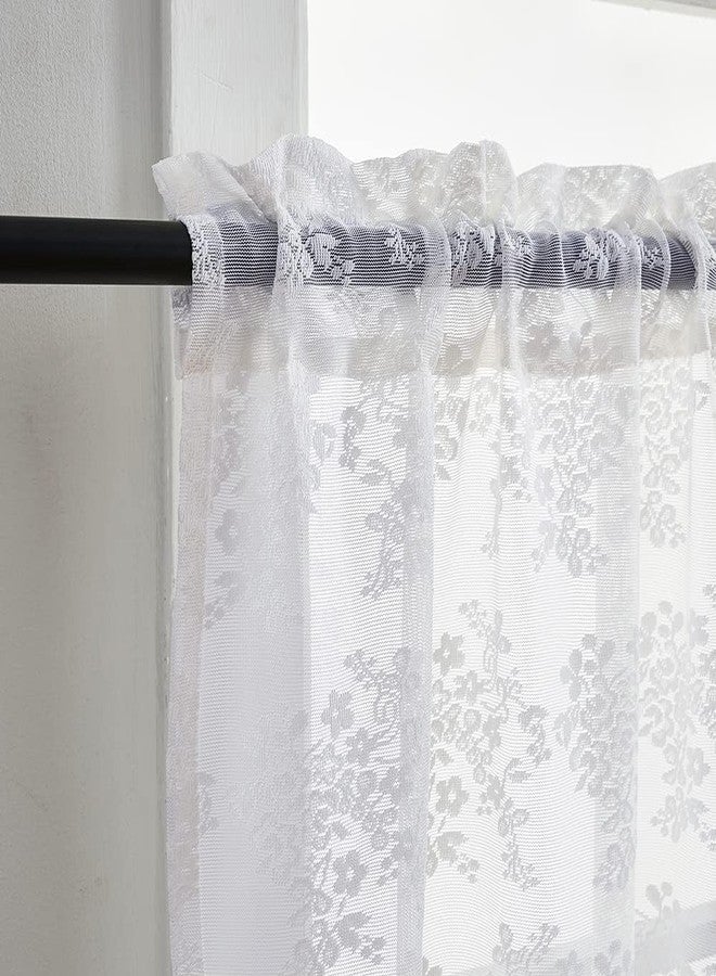YJ YANJUN White Cafe Curtains 18 inch Length Floral Embroidery Lace Kitchen Window Valance Over Sink Short Courntry Curtains Valance, Window Toppers 52 x 18 Inch, 1 Panel - Image 2