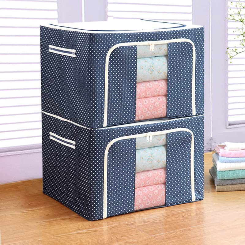 JHEPCOIN Fabric Rectangular Collapsible Foldable Box Wardrobe Storage Organizer Bag with Steel Frame Pack of 2 Multicolor 66L - Image 1