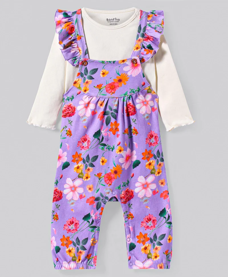 Bonfino Bonfino Flowers Printed Dungaree with Full-Sleeves T-Shirt - Lavender
