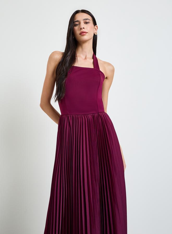Styli Burgundy Pleated Halter Neck A-Line Maxi Dress - Image 2