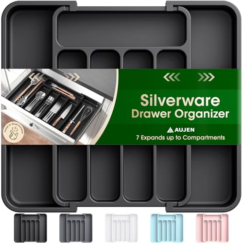 Aujen Silverware Organizer Expandable Kitchen Drawer Organizer Adjustable Utensil Organizer Cutlery Tray for Forks Knives Multipurpose Kitchen Organizers and Storage Solution Black Medium