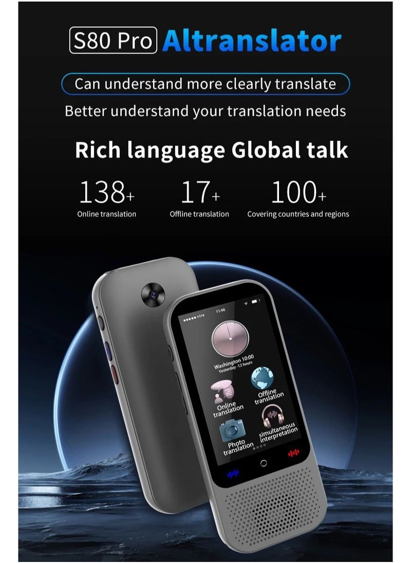 Generic - S80 Pro Smart Translator 2024 latest Portable Voice Language Translator Device 137 online 17 Offline Language Translator - Image 1