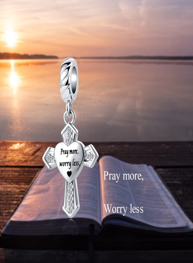 QeenseKc Heart Holy Bible Dangle Charm Religious Cross CZ Bead for European Bracelet Pray More Worry Less - Image 4