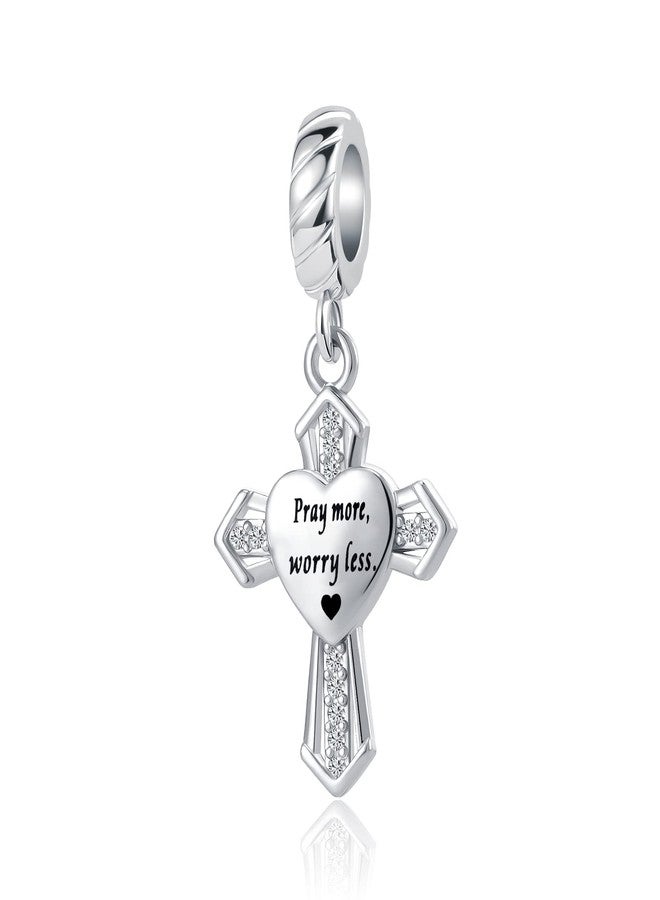QeenseKc Heart Holy Bible Dangle Charm Religious Cross CZ Bead for European Bracelet Pray More Worry Less - Image 1