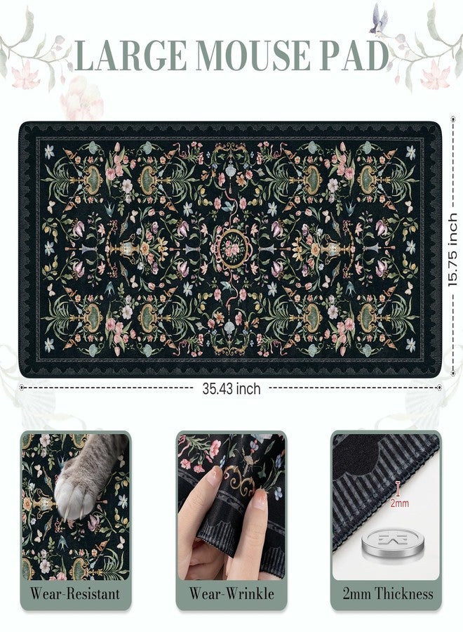 iCasso Large Desk Mat Black,Big Mouse Pad with Stitched Edges,Aesthetic Computer Pad for Desktop,Anti-Slip Keyboard Mat for Women,Floral Desk Cover Protector Work from Office Home Dorm - Image 2
