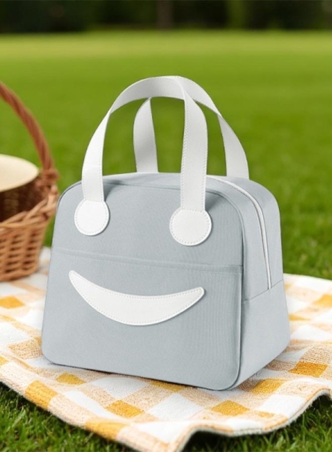 Toshionics Insulated Lunch Box Bag -  with Smiling Face Design – Leak-Proof Thermal Oxford Tote with Leather Handle – One Main Compartment & Outer Pocket – For Office, School, Work, Travel, Snacks – Reusable & Lightweight – Size 23.5x14x20.5 cm – 6.5L Capacity - Image 2