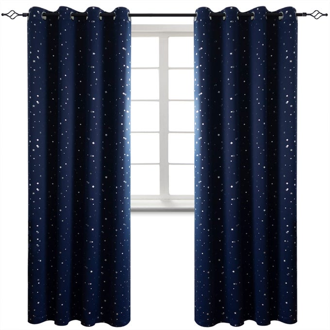 KIDS BLACKOUT CURTAINS FOR BEDROOM GROMMET THERMAL INSULATED ROOM DARKENING SILVER STAR PRINTED CURTAINS FOR LIVING ROOM SET OF 2 PANELS 52 X 95 INCH NAVY BLUE