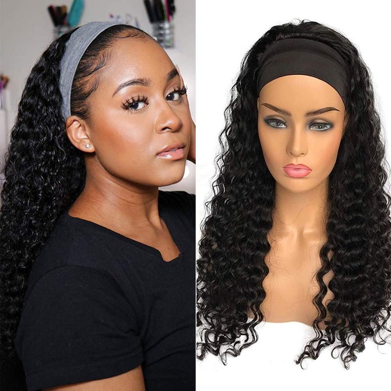 XSY Headband Wig Human Hair Deep Wave 20 Inch Curly Headband Half Wigs for Black Women 10A Brazilian Virgin Glueless Wear Go Wigs 150% Density Natural Black Color - Image 1