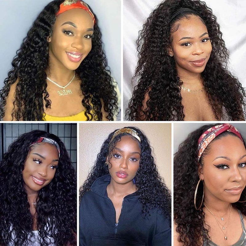 XSY Headband Wig Human Hair Deep Wave 20 Inch Curly Headband Half Wigs for Black Women 10A Brazilian Virgin Glueless Wear Go Wigs 150% Density Natural Black Color - Image 5