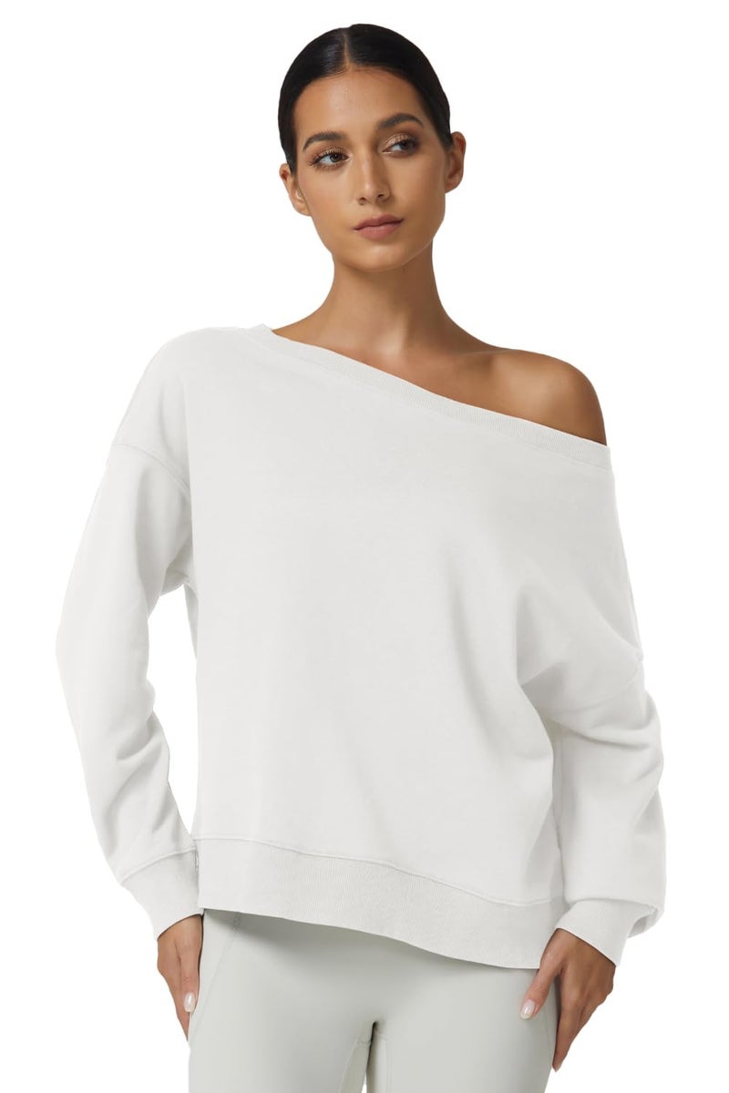 QINSEN Oversized Sweatshirts for Women Loose Fit Off The Shoulder Pullover Sweaters Y2k Hoodies White M - Image 4