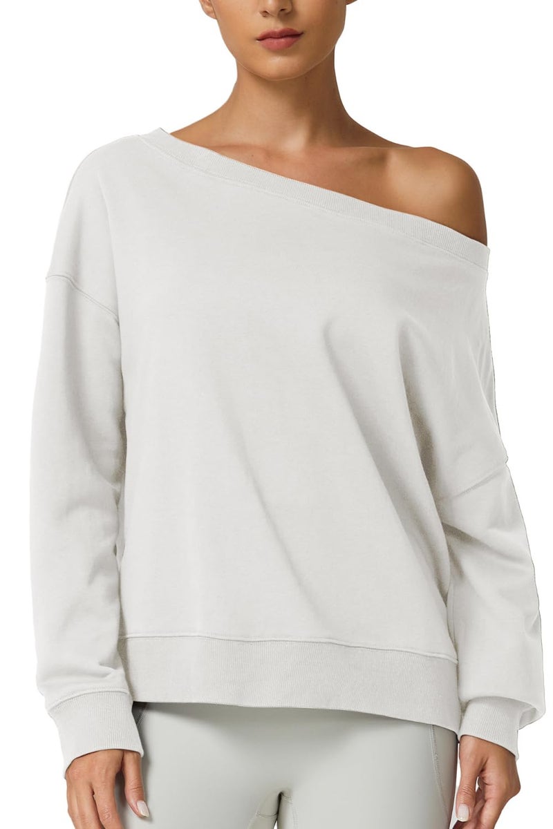QINSEN Oversized Sweatshirts for Women Loose Fit Off The Shoulder Pullover Sweaters Y2k Hoodies White M - Image 1