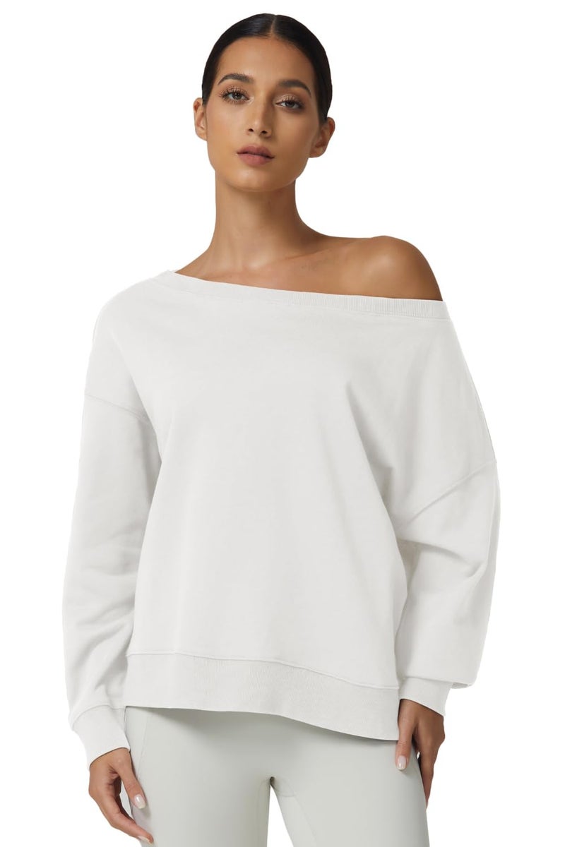 QINSEN Oversized Sweatshirts for Women Loose Fit Off The Shoulder Pullover Sweaters Y2k Hoodies White M - Image 5