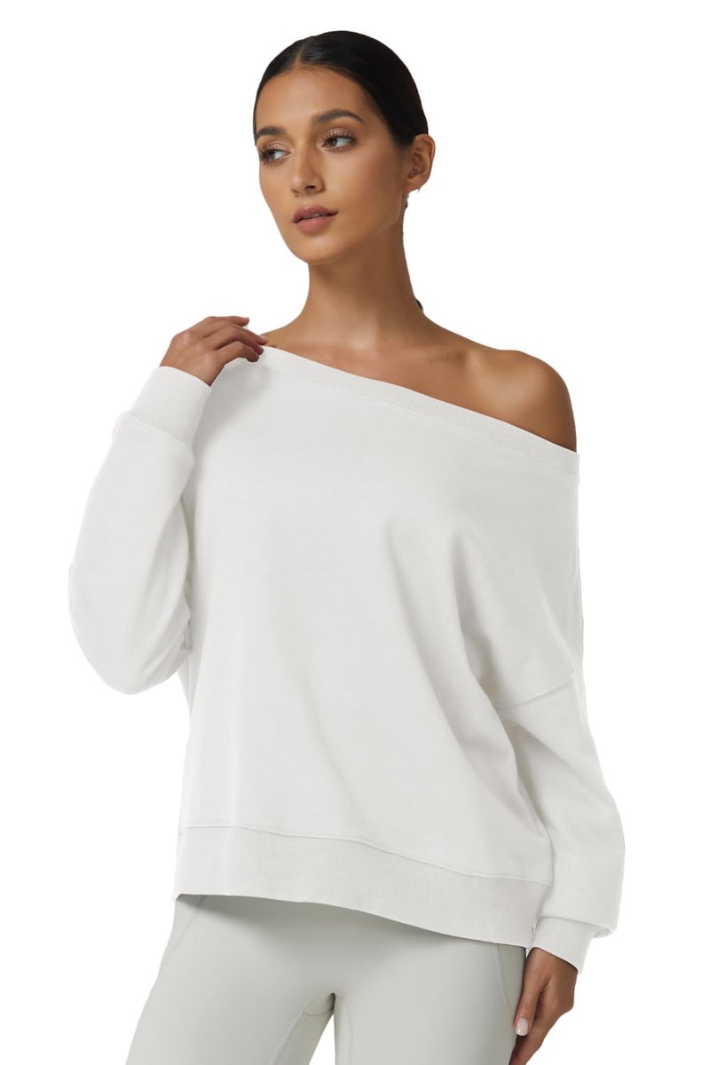 QINSEN Oversized Sweatshirts for Women Loose Fit Off The Shoulder Pullover Sweaters Y2k Hoodies White M - Image 3